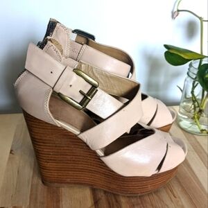 𝅺aldo Nude Leather Platform Sandals Wood Wedge Heel 7.5